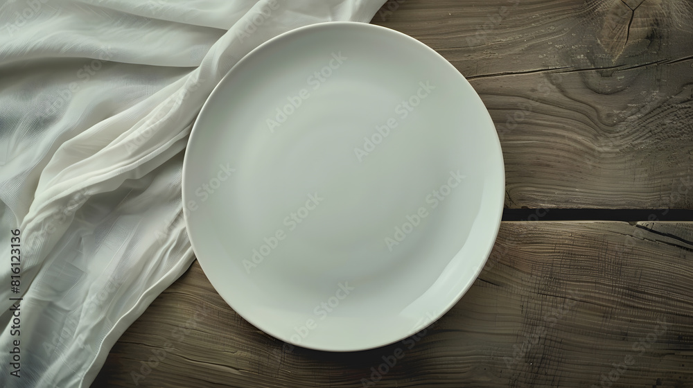 Poster empty white circle plate on wooden table with linen napkin overhead view : generative ai