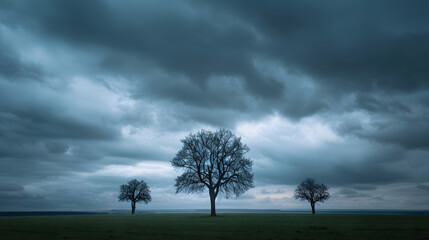 beautiful lonely trees that can be seen on the background of the gloomy sky : Generative AI