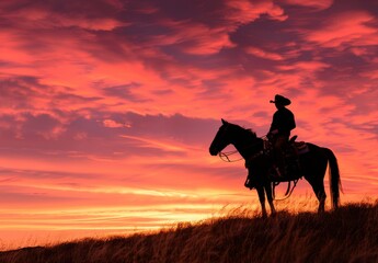 Fototapeta premium Silhouette of cowboy on horse against sunset sky, silhouette photography Generative AI