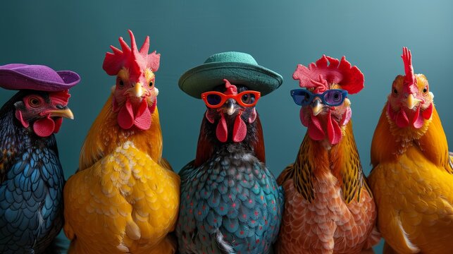 Fashionable chickens wearing hats and sunglasses