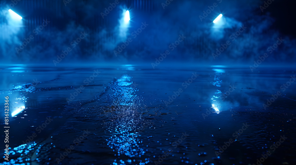 Poster dark street wet asphalt reflections of rays in the water abstract dark blue background smoke smog em