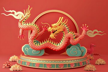 Obraz premium Chinese characters representing happy new year 2024 on a 3D podium round stage to celebrate the Year of the Dragon. Generative AI