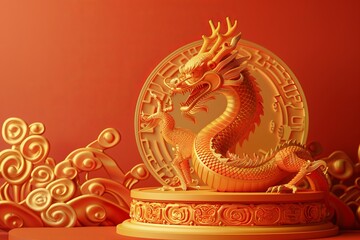 A golden dragon statue resting on a vibrant red background, symbolizing the Chinese Zodiac sign for the year 2024. Generative AI