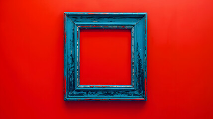 Fototapeta premium Blue empty frame isolated on red background Decorative detail retro inspired background Creative pop art concept of antique frame Comparison of vintage and contemporary style : Generative AI