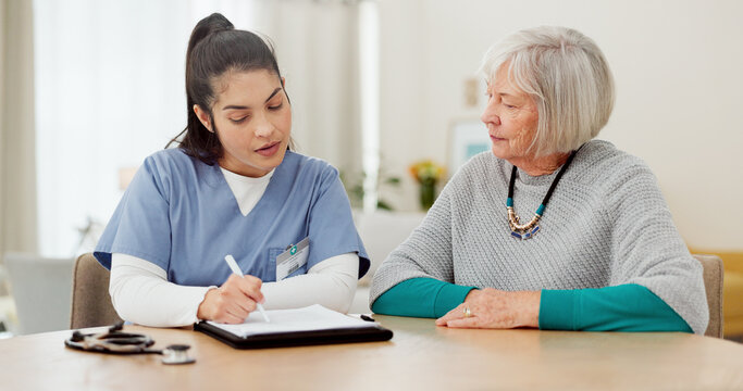 Nurse, documents and senior woman consulting, healthcare information and insurance checklist, charts and home advice. Medical doctor, elderly patient or people talking of retirement nursing paperwork