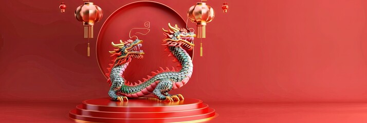 3D podium showcasing Chinese Dragon on a vibrant red background for the happy Chinese New Year 2024 celebration. Generative AI