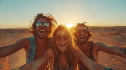 Three friends smiling on the beach at sunset