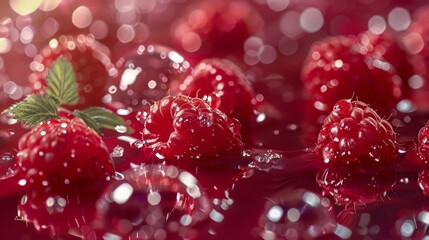 A close-up image of vibrant coconuts floating in brown, glossy liquid with a few bubble around them. The scene is highly reflective with light sparkles and water ripples, giving a surreal and dreamy