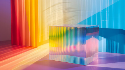 Bright colourful abstract background made by transparent and ribbed acrylic glass Empty showcase for makeup and cosmetics product commercial Podium for new package demonstration and ad : Generative AI
