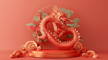 Obraz premium 3D podium round stage featuring a Chinese dragon, symbolizing the Zodiac sign for the year 2024, against a vibrant red background with Chinese characters. Generative AI