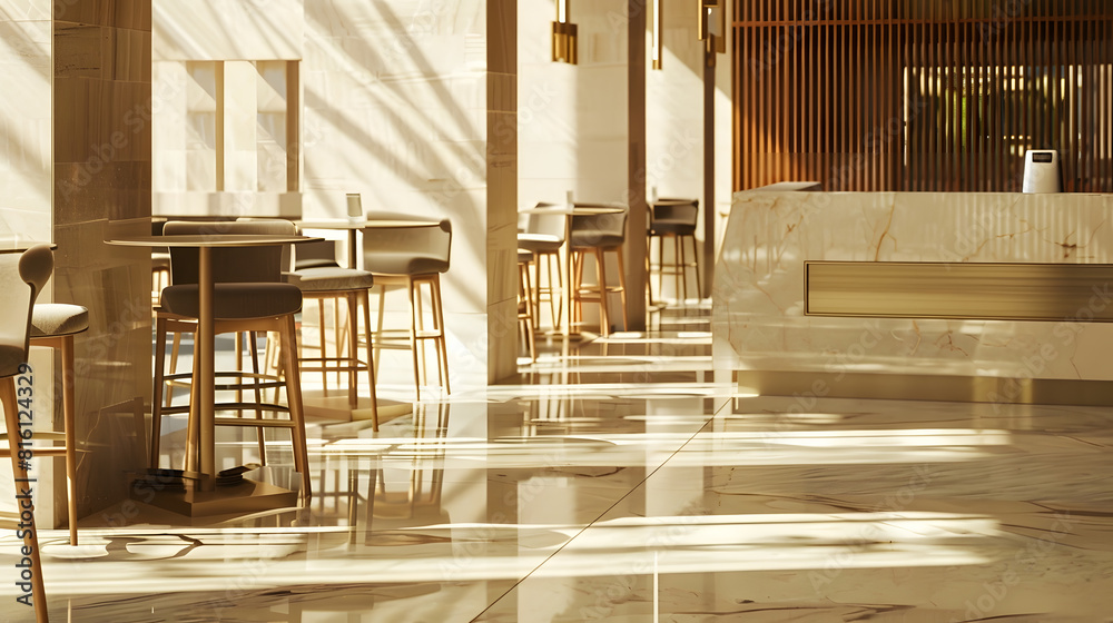 Poster light wooden and marble tile floor interior of modern cafe with double ceiling height lobby bar in l
