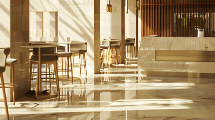 Light wooden and marble tile floor interior of modern cafe with double ceiling height Lobby bar in luxury design hotel hall with second split level : Generative AI
