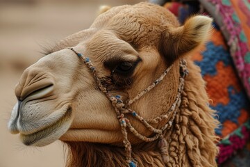 Obraz premium Detailed close-up of a camel's face with a traditional bridle, against a sandy backdrop