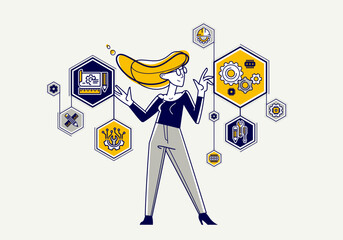 Mechanic engineer working on a draft plan vector illustration, inventor or repair job, engineering machine industry, system technician.