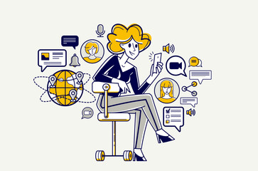 Online video chat of a young people doing their work and consulting remote about some project, online conference, webinar vector outline illustration.