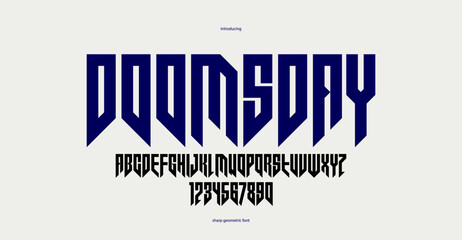 Sharp and bold tall gothic font for logo creation of for headlines, edgy geometric modern vector condensed typeface, heavy metal and hard rock style alphabet with numbers.