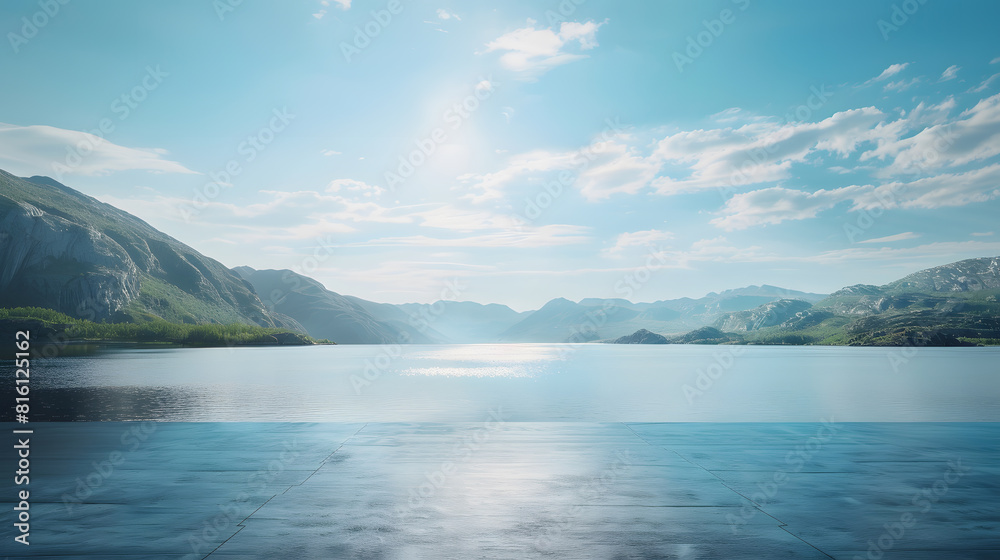 Poster empty square floor and river with mountains under blue sky : generative ai