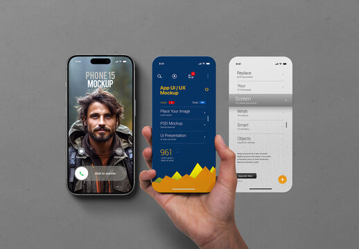 Hand Holding Phone 15 Mockup App UI UX Set