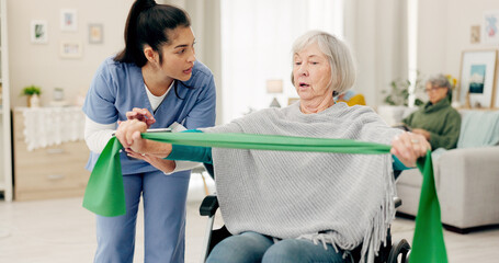 Nurse, physiotherapy and senior woman in wheelchair, back pain check and physical therapy exam at...
