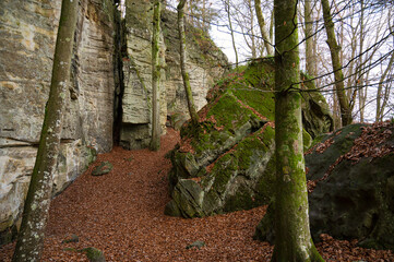 Devil Gorge at the Eifel, Teufelsschlucht with mighty boulders and canyon, hiking trail in Germany, sandstone rock formation, autumn