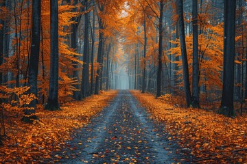 Fototapeta premium A picturesque scene of an autumn forest with trees bearing vibrant orange leaves and an empty trail covered in fallen foliage