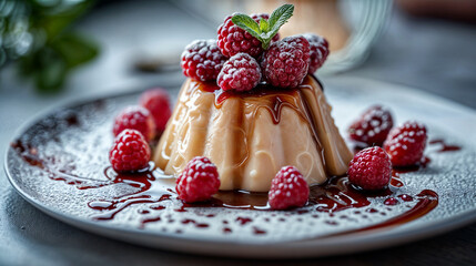 Close-up of dessert on a white plate, strewn with raspberries and garnished with mint.