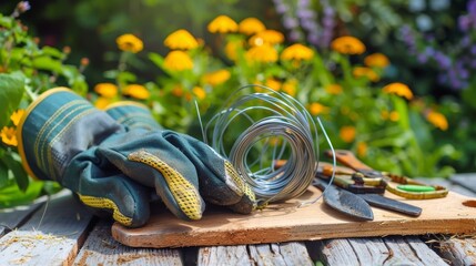 Protective gloves hand shovel sharp secateurs garden tie wire on wooden board gardening concept.