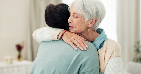 Fototapeta premium Happy senior woman, hug and elderly care for thank you, gratitude or support for caregiver at home. Mature female person or patient embracing medical or healthcare worker in trust, happiness or house