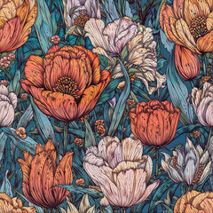 Seamless tulips pattern, vector style, spring wallpaper design. Generative ai