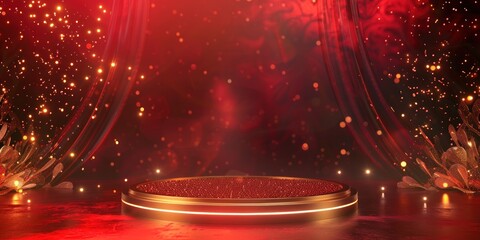 Podium stage romantic theme scene featuring a shiny table adorned with a round base and luxury set against a backdrop of a red curtain glamour