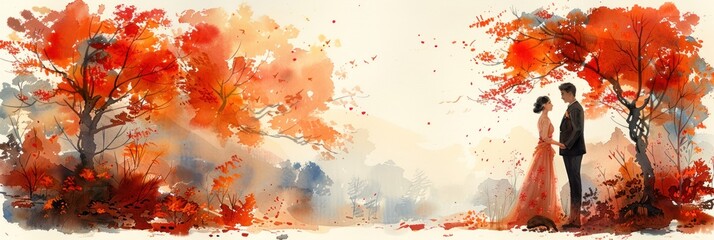 Watercolor couple among fiery autumn trees