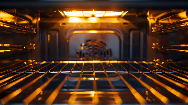 Interior of a clean illuminated oven on a household stove with a metal rack in a close up view : Generative AI