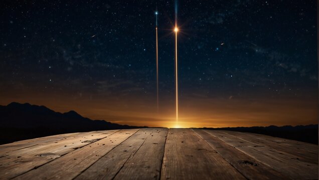 Empty Wood table top with decorative outdoor at night time	