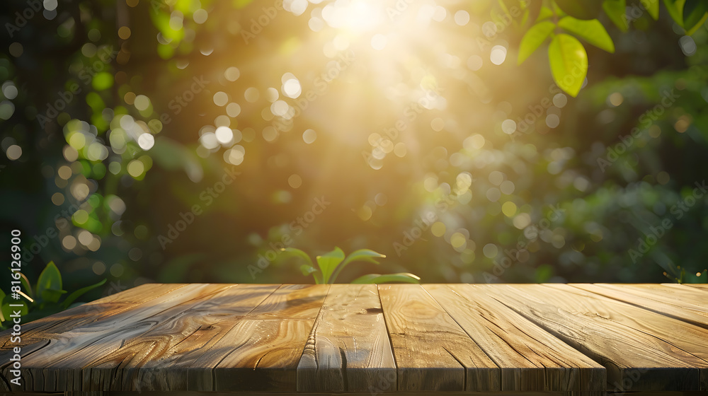 Aufkleber empty wooden table with nature background : generative ai