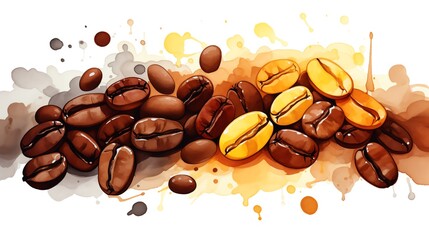 Create a watercolor painting of coffee beans. The beans be arranged in a horizontal line. The painting have a warm and inviting feel.