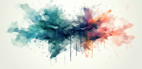 Abstract painting in watercolor. The colors are blue, green, orange, and pink. The painting is very fluid. .