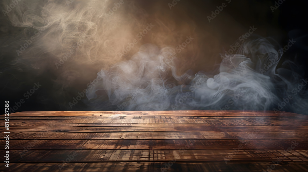 Aufkleber empty wooden table with smoke float up on dark background Empty Space for display your products : Generative AI