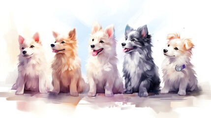 Watercolor painting of five cute puppies sitting in a row against a white background. The puppies are all different breeds and colors.
