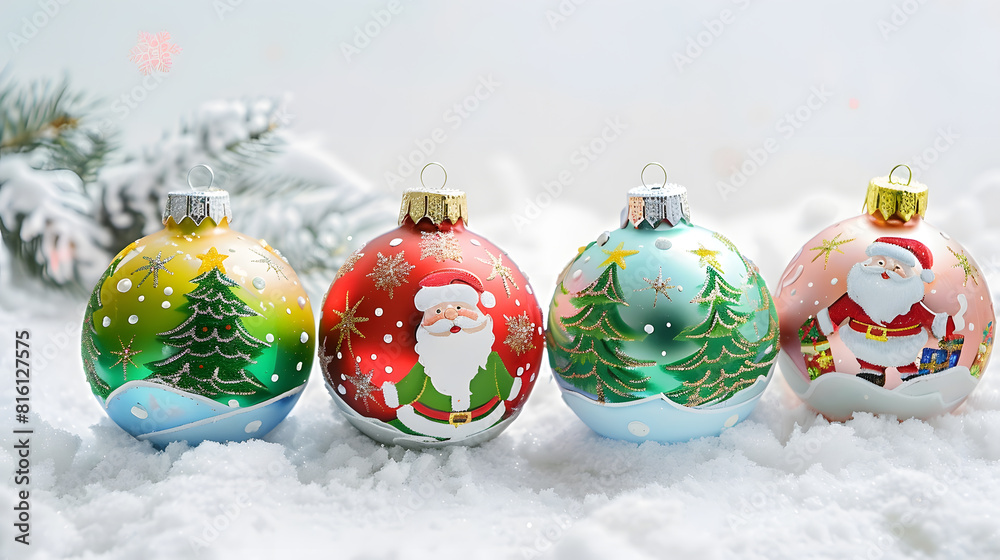 Aufkleber group of colorful christmas ball with drawing of santa claus and trees on a white snow background : 