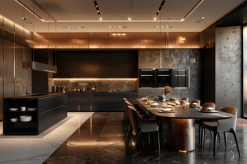 Opulent contemporary dining room, minimalist elegance, Contemporary kitchen with dark accents, table set for fine dining. Sophisticated atmosphere, ambient lighting highlights elegant stonework