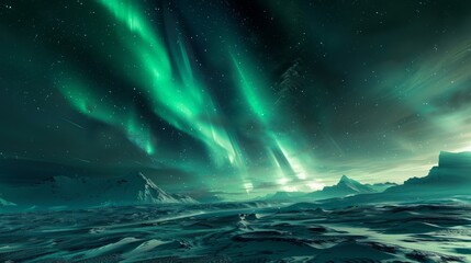 Dramatic landscape with beautiful Northern Lights, Aurora borealis light show in the sky hyper realistic 