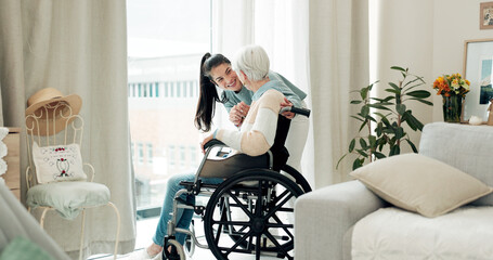 Woman, nurse and wheelchair in elderly care for support, trust or healthcare service in old age...