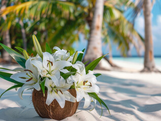 Bouquet of tropical white lily flowers 
in vase from coconut on sandy beach of ocean shore
in Maldives. Piece of paradise.  A wedding tourist card.
