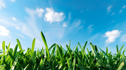 Fototapeta premium Green lawn and the blue sky This photo an ideal material for creation of a collage : Generative AI