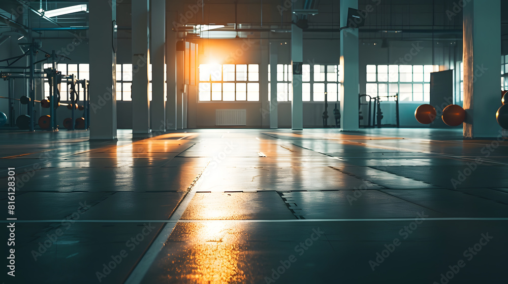 Poster empty gym and interior space or dark room with window and light flare for exercise training and fitn
