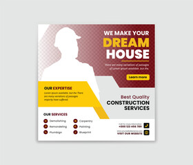 Construction social media post banner design Template for house renovation services. Construction agency social media post. home renovation social media post banner Template.