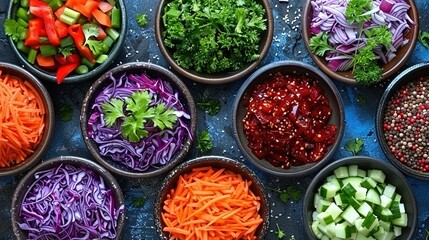   A table topped with bowls filled with different types of vegetables next to carrots and celery