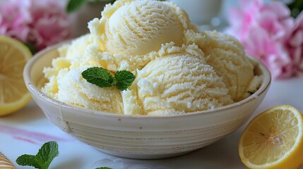  A close-up of a bowl of ice cream with lemon slices and mint leaves adjacent to it