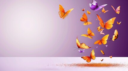   A group of orange and purple butterflies flying over a purple and white background with space for text