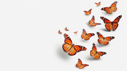   A group of orange butterflies flying across a white surface with one flying away from the camera and the other flying away from the camera